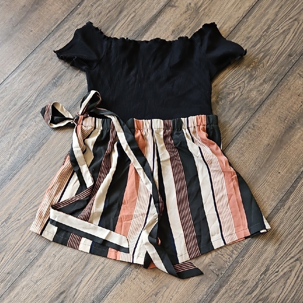 SHEIN Black and Striped Off-Shoulder Jumpsuit